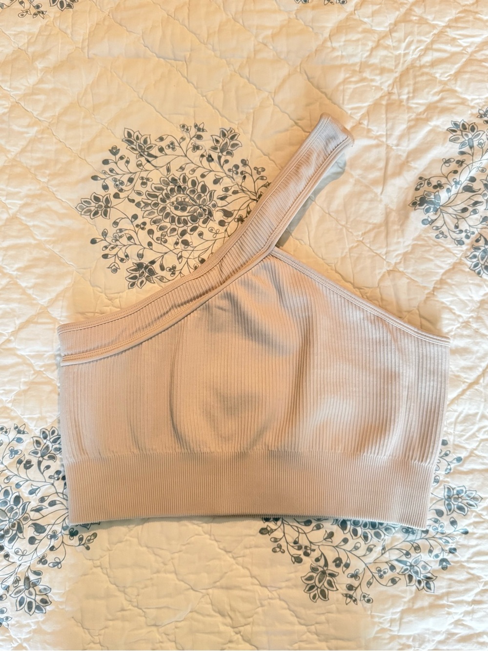Seamless One-Shoulder Ribbed Sports Bra - Light Beige